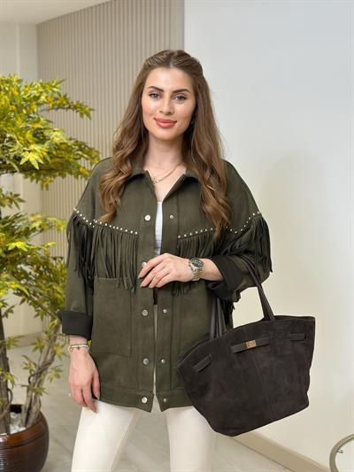 Omuzları Püsküllü Zımbalı Salaş Süet Ceket Haki