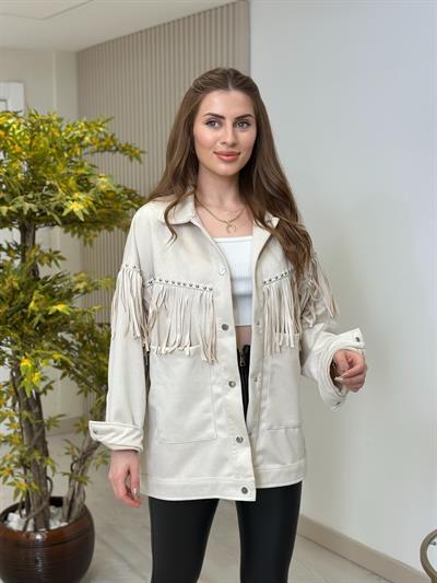 Omuzları Püsküllü Zımbalı Salaş Süet Ceket Bej