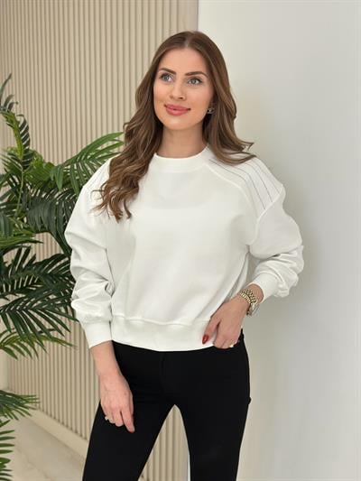 Omuzları Taşlı Sıfır Yaka Sweat Beyaz