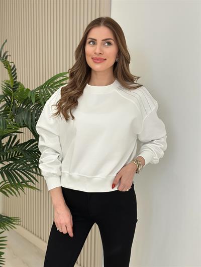 Omuzları Taşlı Sıfır Yaka Sweat Beyaz