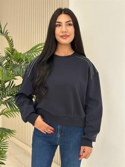 Omuzları Taşlı Sıfır Yaka Sweat Lacivert