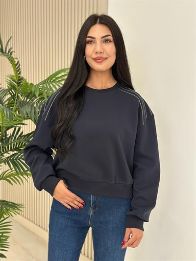 Omuzları Taşlı Sıfır Yaka Sweat Lacivert