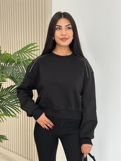 Omuzları Taşlı Sıfır Yaka Sweat Siyah