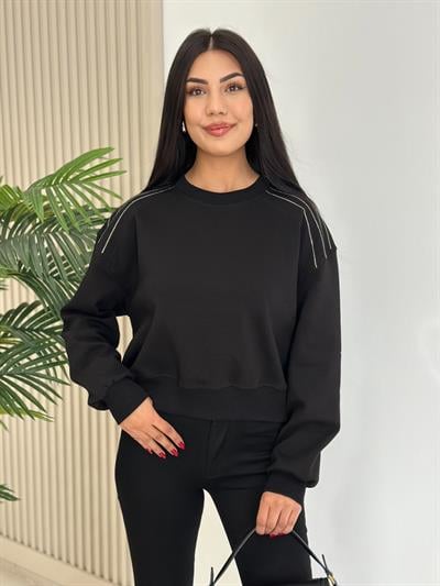 Omuzları Taşlı Sıfır Yaka Sweat Siyah