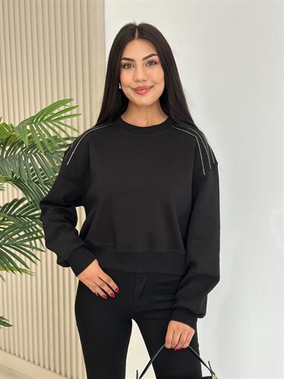 Omuzları Taşlı Sıfır Yaka Sweat Siyah