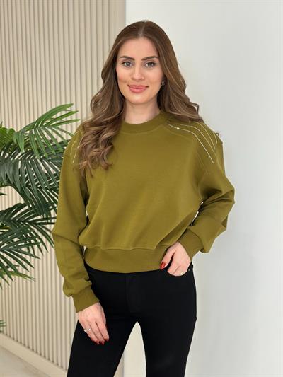 Omuzları Taşlı Sıfır Yaka Sweat Yağ Yeşili