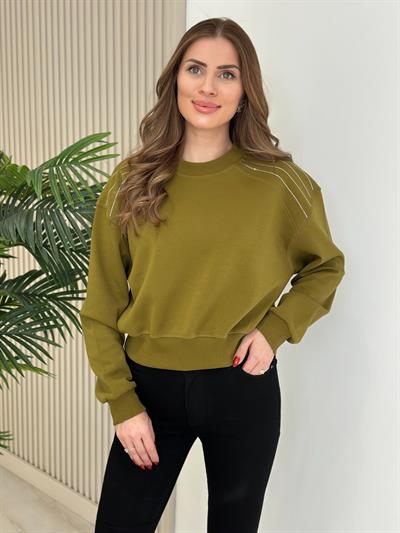 Omuzları Taşlı Sıfır Yaka Sweat Yağ Yeşili