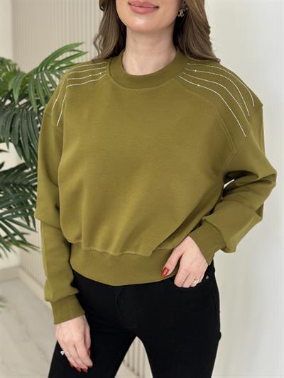 Omuzları Taşlı Sıfır Yaka Sweat Yağ Yeşili