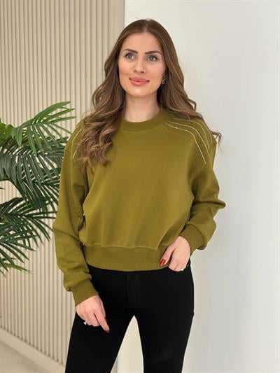 Omuzları Taşlı Sıfır Yaka Sweat Yağ Yeşili