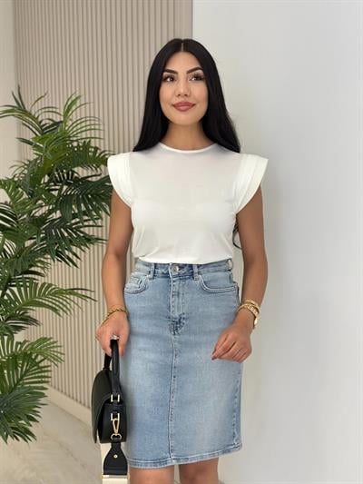 Omuzları Vatkalı Modal Kumaş Tshirt Beyaz