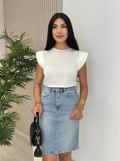 Omuzları Vatkalı Modal Kumaş Tshirt Beyaz