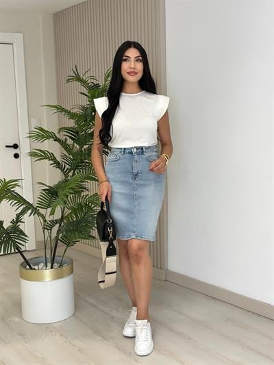 Omuzları Vatkalı Modal Kumaş Tshirt Beyaz