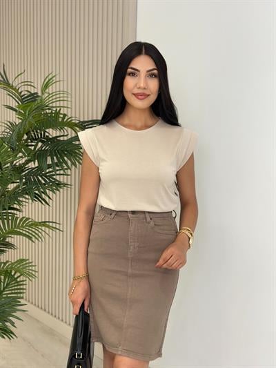 Omuzları Vatkalı Modal Kumaş Tshirt Bej