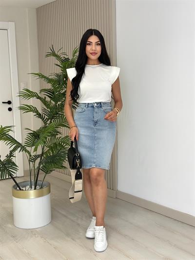 Omuzları Vatkalı Modal Kumaş Tshirt Beyaz