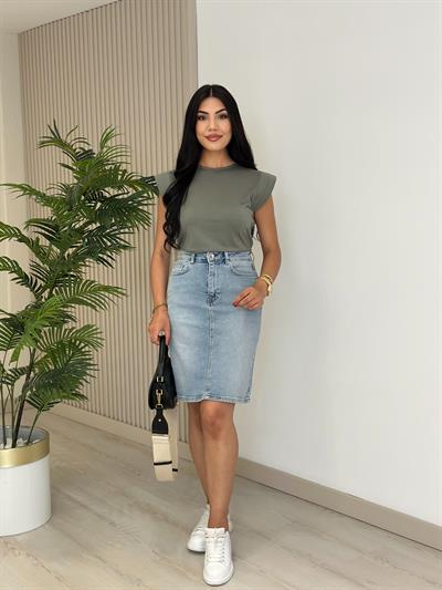 Omuzları Vatkalı Modal Kumaş Tshirt Haki