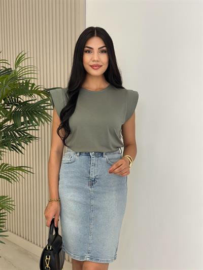 Omuzları Vatkalı Modal Kumaş Tshirt Haki