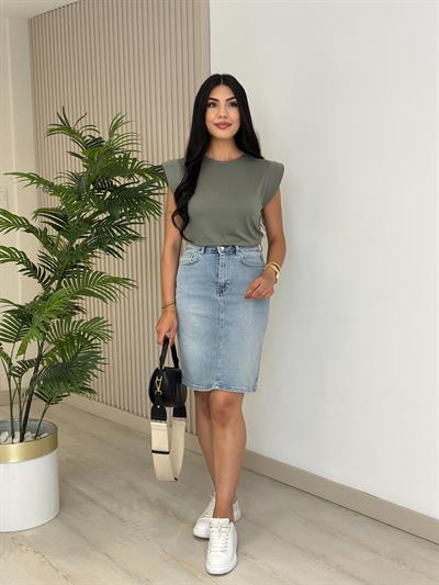 Omuzları Vatkalı Modal Kumaş Tshirt Haki