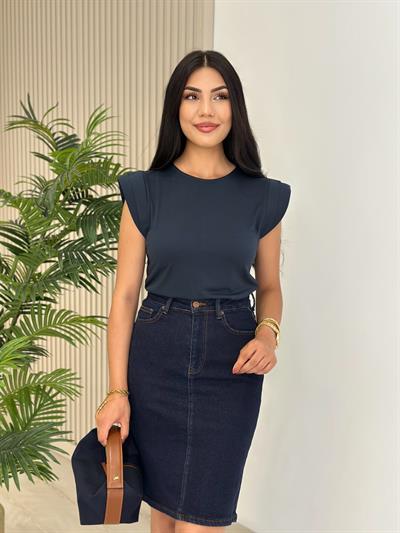 Omuzları Vatkalı Modal Kumaş Tshirt Lacivert