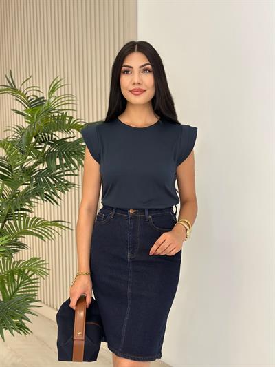 Omuzları Vatkalı Modal Kumaş Tshirt Lacivert