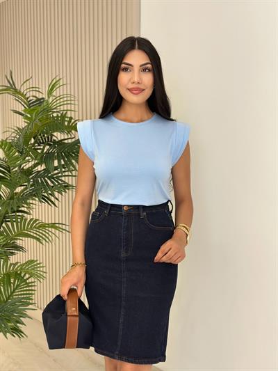 Omuzları Vatkalı Modal Kumaş Tshirt Mavi