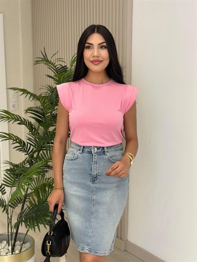 Omuzları Vatkalı Modal Kumaş Tshirt Pembe