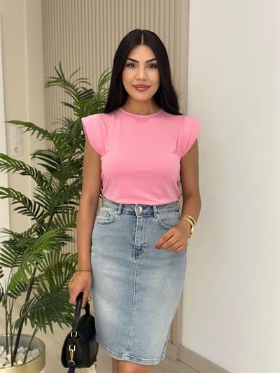 Omuzları Vatkalı Modal Kumaş Tshirt Pembe