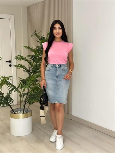 Omuzları Vatkalı Modal Kumaş Tshirt Pembe