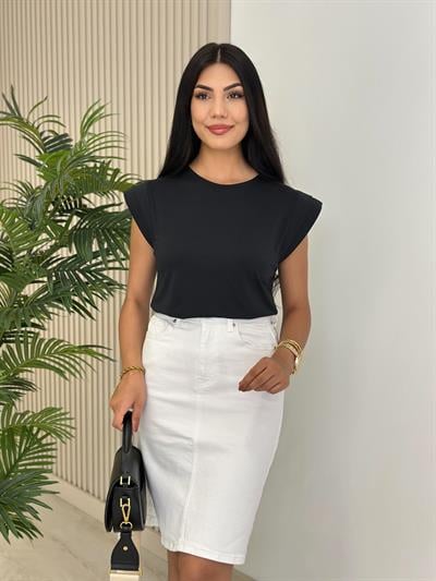 Omuzları Vatkalı Modal Kumaş Tshirt Siyah