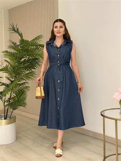 Omuzları Vatkalı Yumuşak Jean Elbise 