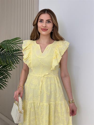 Omuzları Volanlı Fisto Elbise Sarı