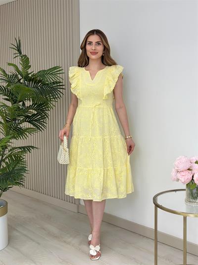 Omuzları Volanlı Fisto Elbise Sarı