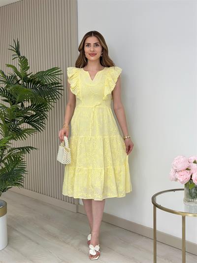 Omuzları Volanlı Fisto Elbise Sarı