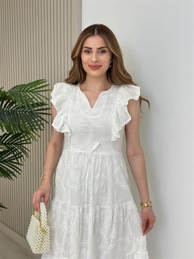 Omuzları Volanlı Fisto Elbise Beyaz