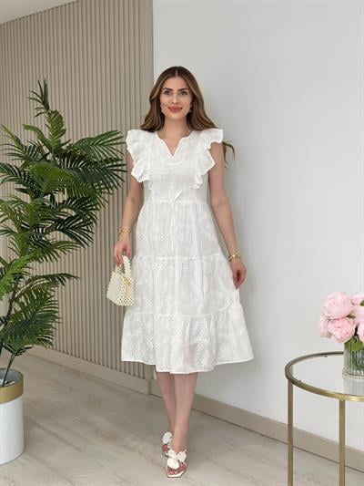 Omuzları Volanlı Fisto Elbise Beyaz