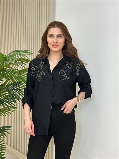 Omuzları Yaprak İşlemeli Ayrobin Gömlek Siyah