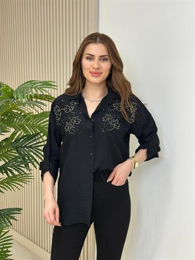 Omuzları Yaprak İşlemeli Ayrobin Gömlek Siyah