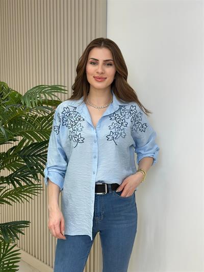Omuzları Yaprak İşlemeli Ayrobin Gömlek Bebe Mavi