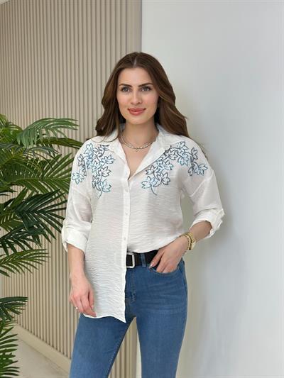 Omuzları Yaprak İşlemeli Ayrobin Gömlek Beyaz