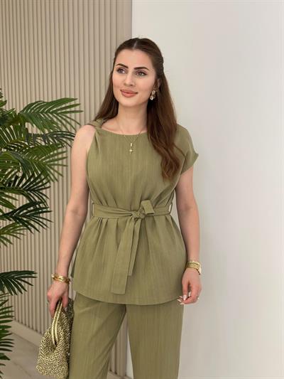 Omuzu Burmalı Bluz Pantolon Keten Takım Haki