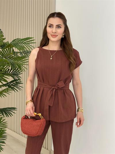 Omuzu Burmalı Bluz Pantolon Keten Takım Kiremit