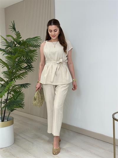 Omuzu Burmalı Bluz Pantolon Keten Takım Naturel