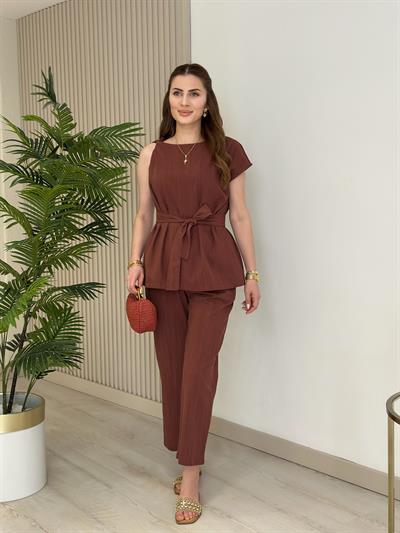 Omuzu Burmalı Bluz Pantolon Keten Takım Kiremit