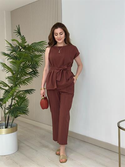 Omuzu Burmalı Bluz Pantolon Keten Takım Kiremit