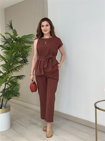 Omuzu Burmalı Bluz Pantolon Keten Takım Kiremit