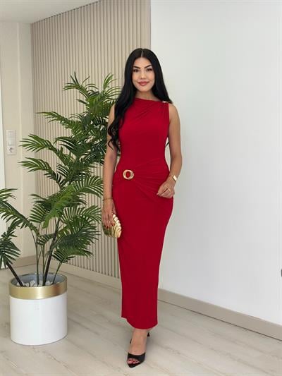 Omzu Beli Gold Tokalı Likralı Sandy Kumaş Elbise Kırmızı