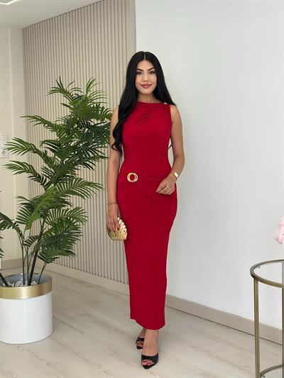 Omzu Beli Gold Tokalı Likralı Sandy Kumaş Elbise Kırmızı