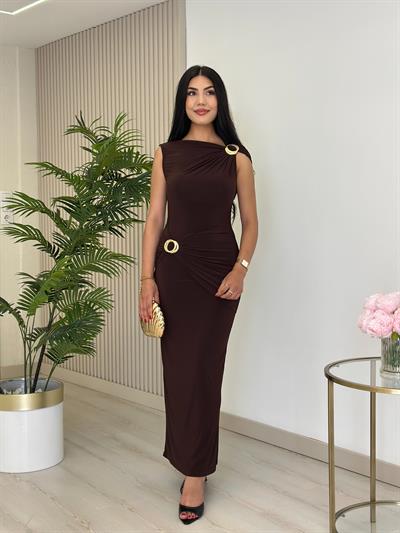 Omzu Beli Gold Tokalı Likralı Sandy Kumaş Elbise Kahve