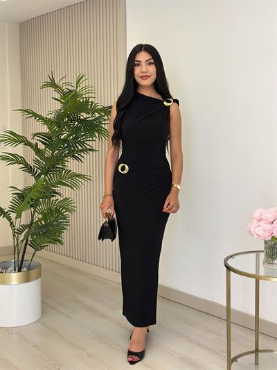 Omzu Beli Gold Tokalı Likralı Sandy Kumaş Elbise Siyah