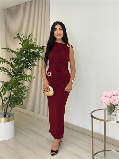 Omzu Beli Gold Tokalı Likralı Sandy Kumaş Elbise Bordo