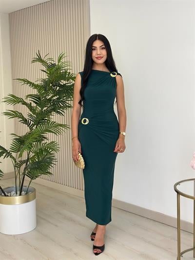 Omzu Beli Gold Tokalı Likralı Sandy Kumaş Elbise Zümrüt Yeşil